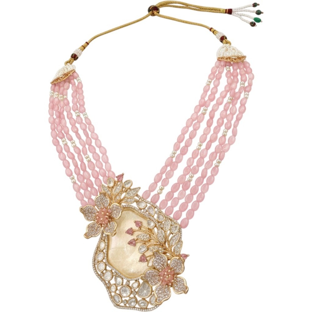 Indian Bridal Jewelry Set Pink Bead White Pearl Polki Pendant Earrings Gold Tone